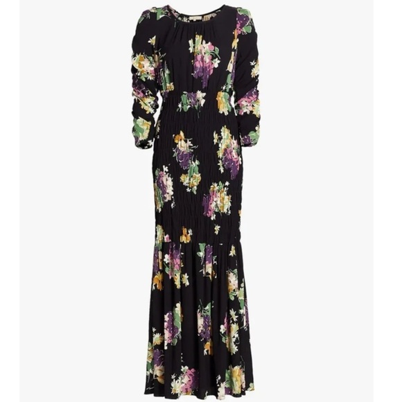 ByTiMo Floral Crepe Smocked Drop Waist Black Floral Gathered Maxi Dress small - Picture 2 of 11